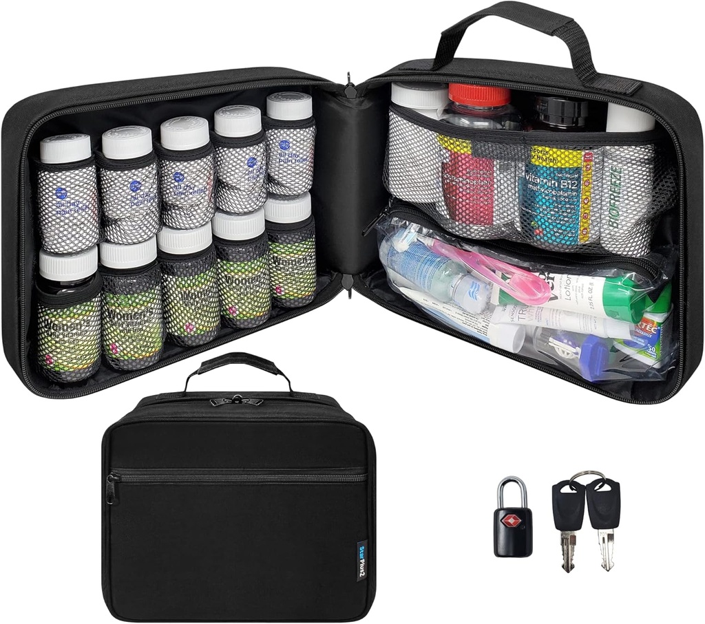 Liels poll pudele organizētājs, medicīnas soma, iepakojums, nesējs zālēm, vitamīni, un medicīnas piederumi - Travel Medicine Organizators un mājas glabāšana Med Bag - Black (ar TSA Lock)