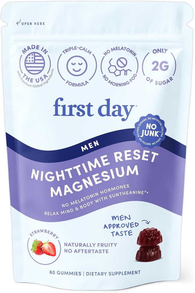 Pirmā diena Vīriešu nakts reset kalcēšana magnija gumijas – Miega atbalsts atbalsta mierīgs Rest, līdzsvarots Mood & Energy – Papildinājums ar magnija citrāts, L-Teanīns & No Melatonin – 30 dienu piegādes