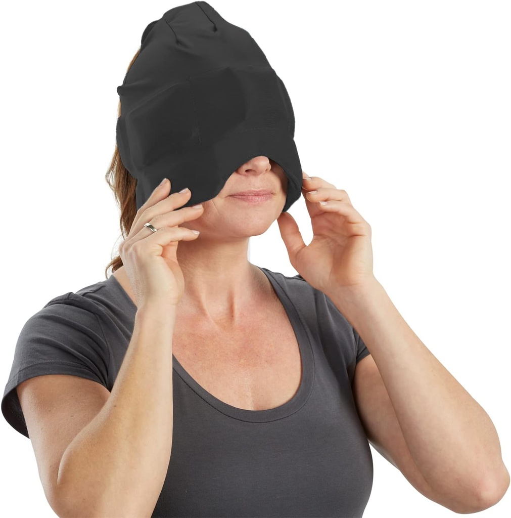 Aculief ledus terapijas vāciņš - regulējams kokvilna-Spandex Fit & Neck Dzesēšana - Soft Cotton-Spandex Miega vāciņš ar acu masku - iepakojumā 1, melns
