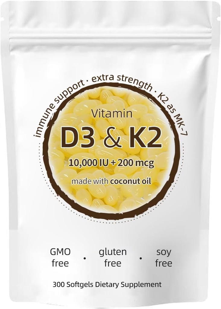 D3 vitamīna K2 papildinājums, 10000 SV D3 + 200 MCG K2, 300 softgeli, bez GMO, bez lipekļa