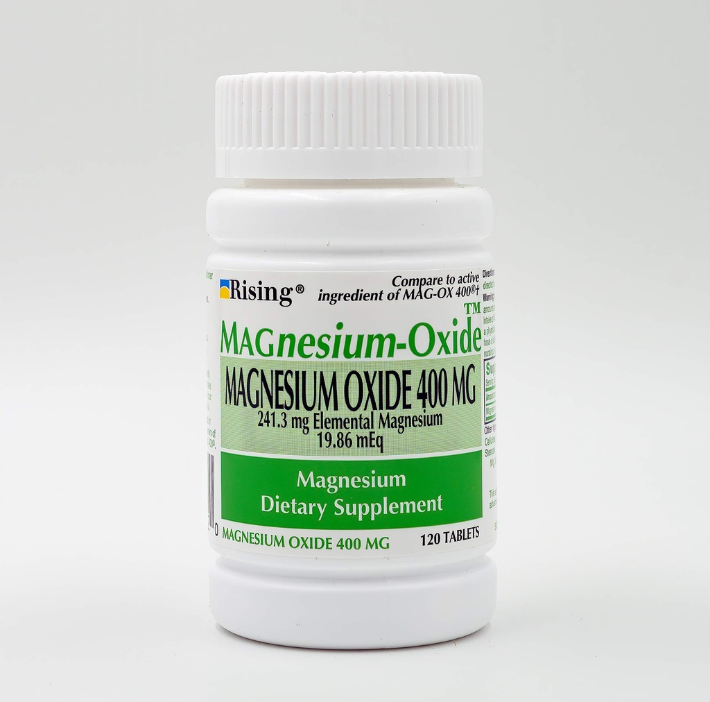 Rising Pharma - Magnija oksīds 400mg - Elementārais magnija uztura papildinājums - 120 Skait...