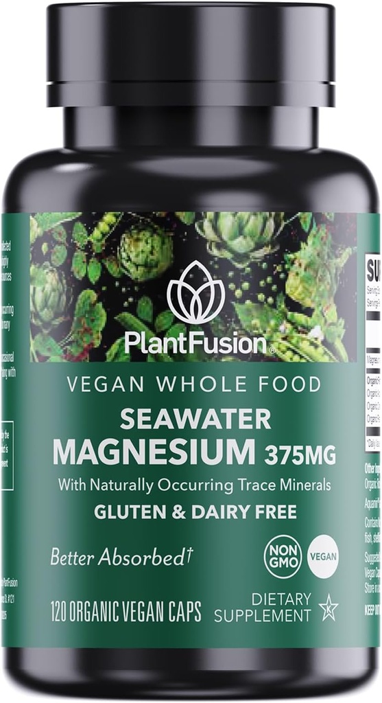 PlantFusion Vegan Magny Complex 375mg no jūras ūdens, Biopieejams Marine Magnijs ar fermentētu organisko visu pārtiku Blend, ne-GMO, muskuļu un relaksācijas atbalsts, 120 Cap