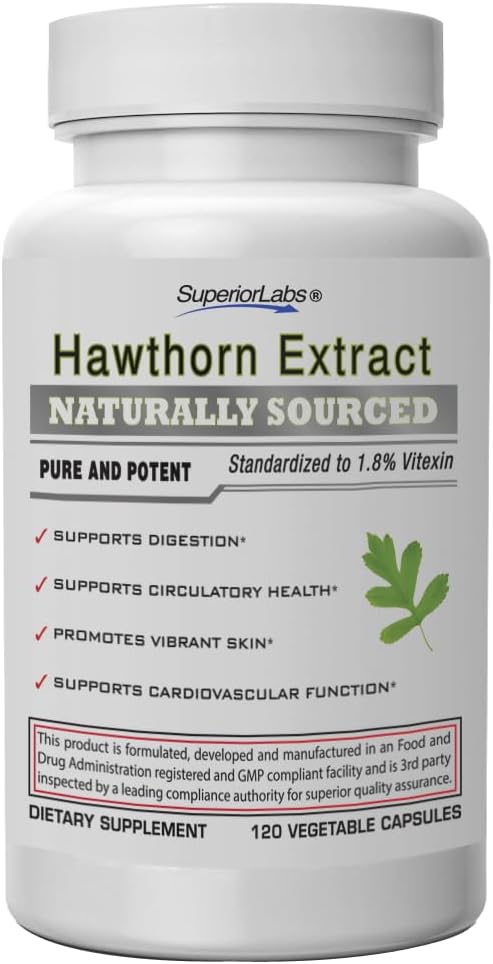 Superior Labs Hawthorn Berry 300mg, Pure Non-GMO, Additive-free Hawthorn ekstrakta kapsulas, Augstas iedarbības asinsrites un asinsspiediena atbalsts, Atvieglo sāpes krūtīs, Gremošanas palīglīdzeklis, 120 Veg Caps