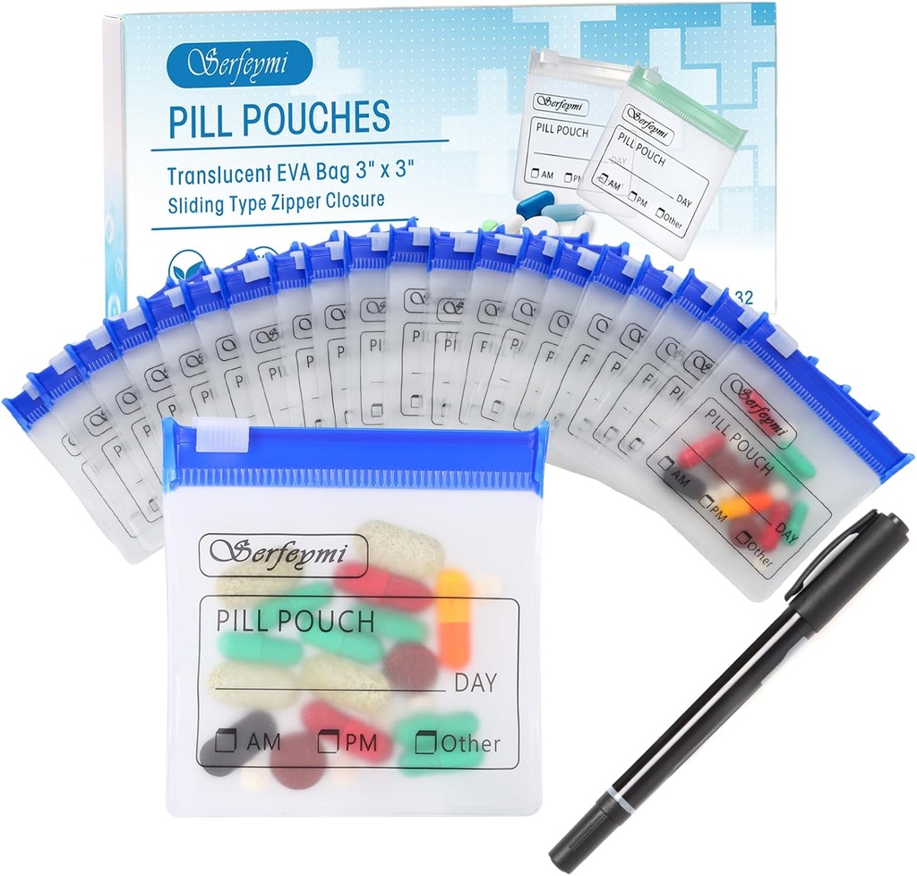 Serfeymi 32 Pcs Zippered Pill maisi Organizators Plastmasas maisi 3 X 3 collas 12 mil Paša blīvēšana ar slide Lock Rakstāms etiķete Caurspīdīgs ceļojumu medicīnas uzglabāšanas soma un 1 Pc Marker-Blue