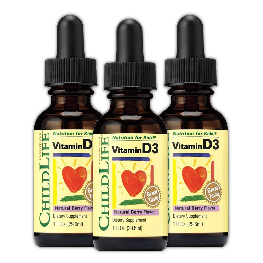 BĒRNU ESSENTIALS D3 vitamīna pilieni bērniem, bērniem un bērniem - šķidri D vitamīna pilieni, 500 SV pilienā, Imūnās un kaulu veselības atbalsts, dabiskie Berry - 1 Fl Oz (iepakojums no 3)