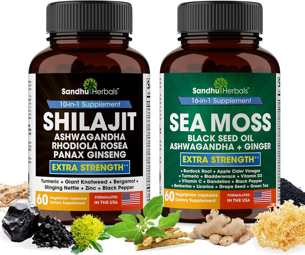 SANDHUHERBALS Sandhu Herbals Bundle - Sea Moss, Shilajit, Black Seed Oil, Ashwagandha, Ingver, Rhodiola Rosea, Panax Ginseng, Sting Nettle
