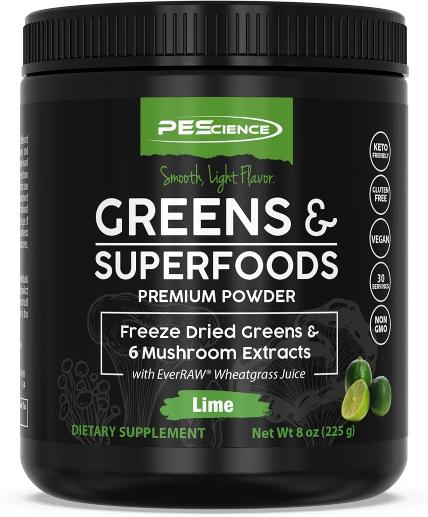 PEScience Greens pulveris Superfood with Natural Chlorophyll, Reishi & Turkey Astes sēņu pūderi, Freeze-Dried Kale, Spinach, Broccoli Sprouts, Laima Flavor, 30 Servējumi