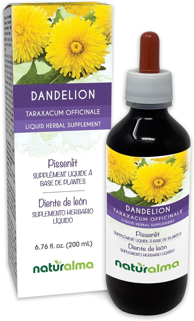 Naturalma Dandelion (Taraxacum officinale) Sakne un augs Alkohola beztinktūra - 6.76 fl oz Šķidrais ekstrakts pilienos - Augu Papildinājums - Vegan