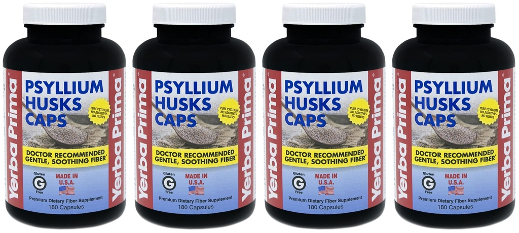 Yerba Prima Psyllium Husks Caps - 180 vāciņi (iepakojums no 4) - Dabīgs šķiedru papildinājums - bez GMO lipekļa