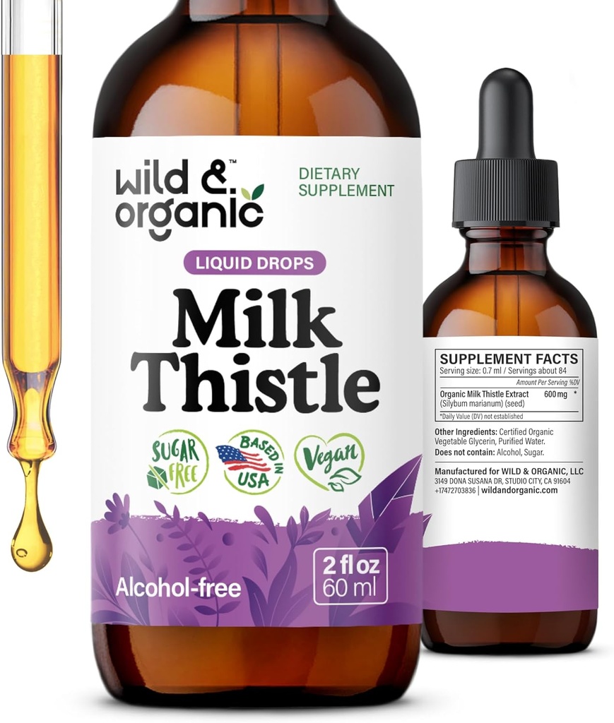 Wild & Organic Milk Thistle Extract Drops - Aknu tīrīšana Atbalsts - Piena dadzis Aknas Detox Tincture - Silymarin Papildinājums - Silybum Marianum Seeds - Vegan, Cukurs un bez alkohola - 2 fl oz