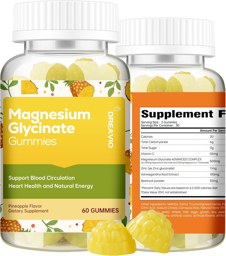 60 Skaitīt Magnija Glicināt Gummies 400mg w/Ashwagandha Papildinājums - Bezcukura Cinka Magnija Glicināt Papildinājums Ashwagandha Gummes pieaugušajiem Ananasu Flavor