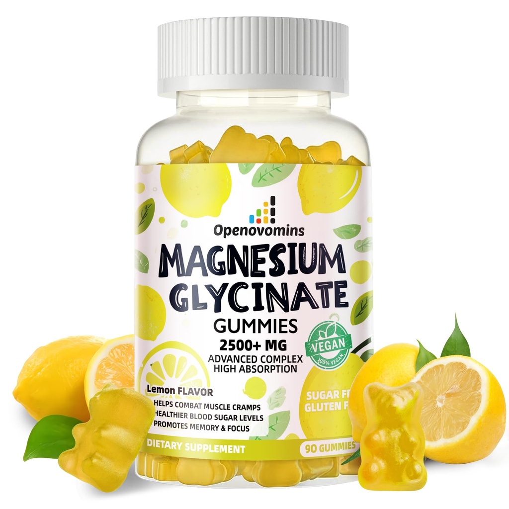 Magnija Glicināt Gumijas 2500mg - bez cukura Magnija Kālija Papildinājums ar vitamīnu D, B6, CoQ10 Calm Mood & Miega atbalsts - 90 Lemon Gumijas