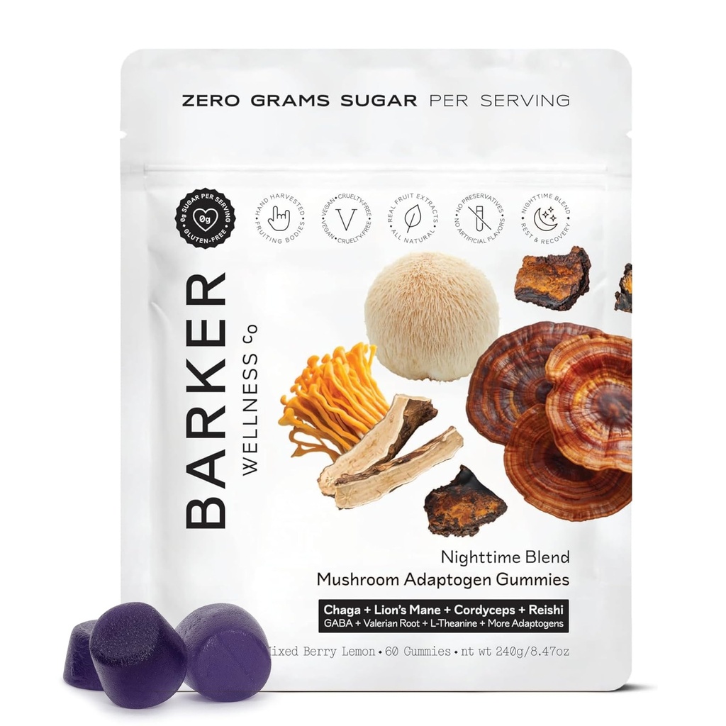 Barker Wellness Nakts sēņu adaptācija Gumijas – Vegāns, bez cukura Funkcionālās Sēņu Gumijas ar Reisi, Lauvas Mane, Chaga, Cordyceps & Adaptogens – Non-GMO, 60 Count