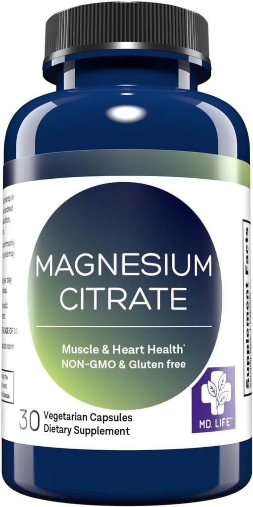 MD. Life Magnija citrāts 250 mg – 30 kapsulas – augsta absorbcija Magnija citrāts Papildinājums – Viegli uzvelkamas kapsulas muskuļu, nervu, sirds, miega un kaulu atbalstam