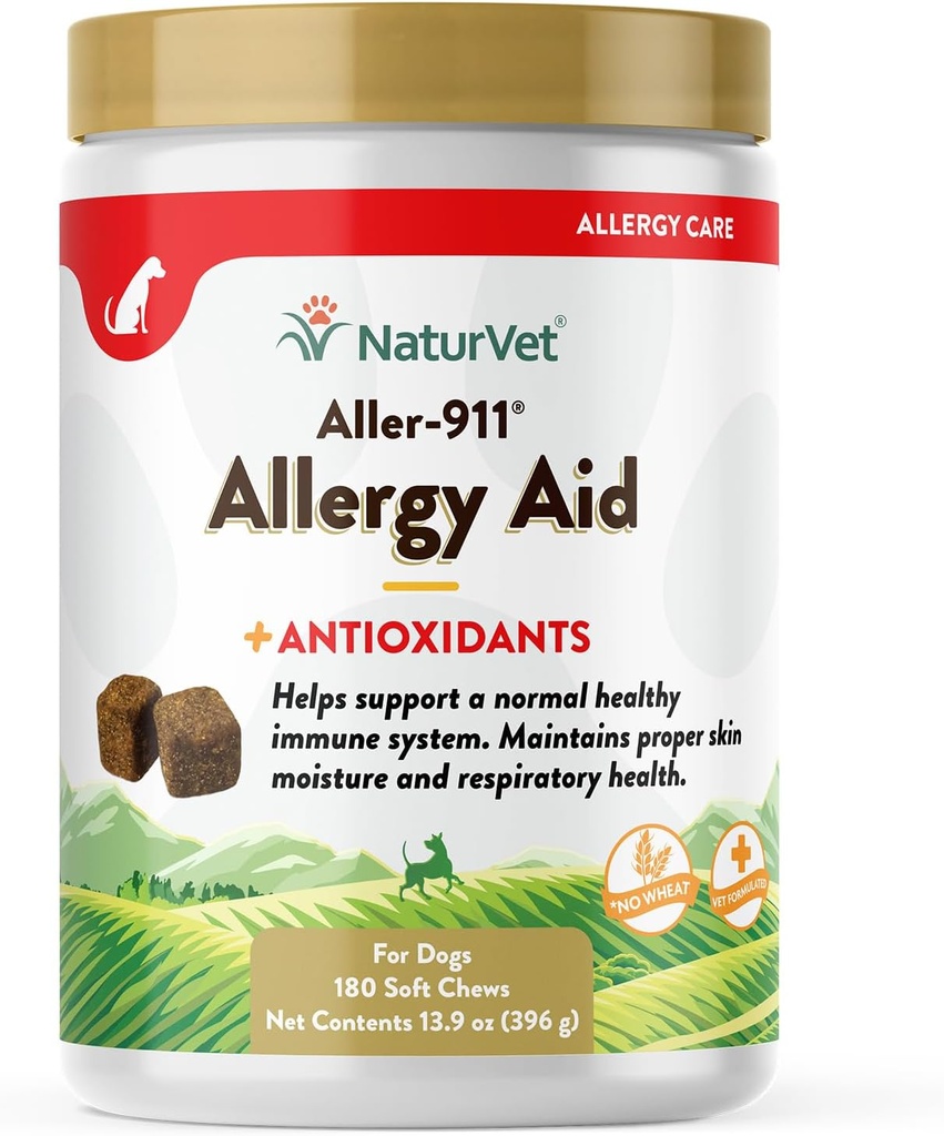 NaturVet Aller-911 Advanced Alergy Aid for Dogs, Cats – Antioxidant-Rich Pet Papildinājums ar Omega, DHA, EPA – palīdz atbalstīt suns Imūnās sistēmas, kaķa respiratorās veselības, ādas mitruma 180 Soft Chews