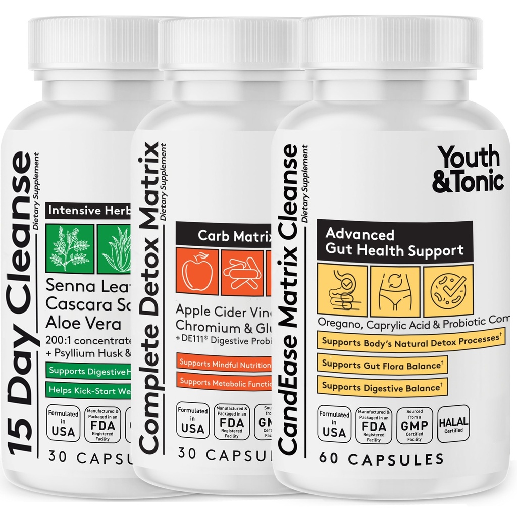 CandEase Matrix Pills & Colon Cleanser & Complete Detox Matrix Fast Kit Band Bundle 3pk • Kaprilskābes Oregano proteāze un celulāzes enzīmi Laxatives ACV Hroms & 100 Bil KVV/g Gremošanas probiotikas