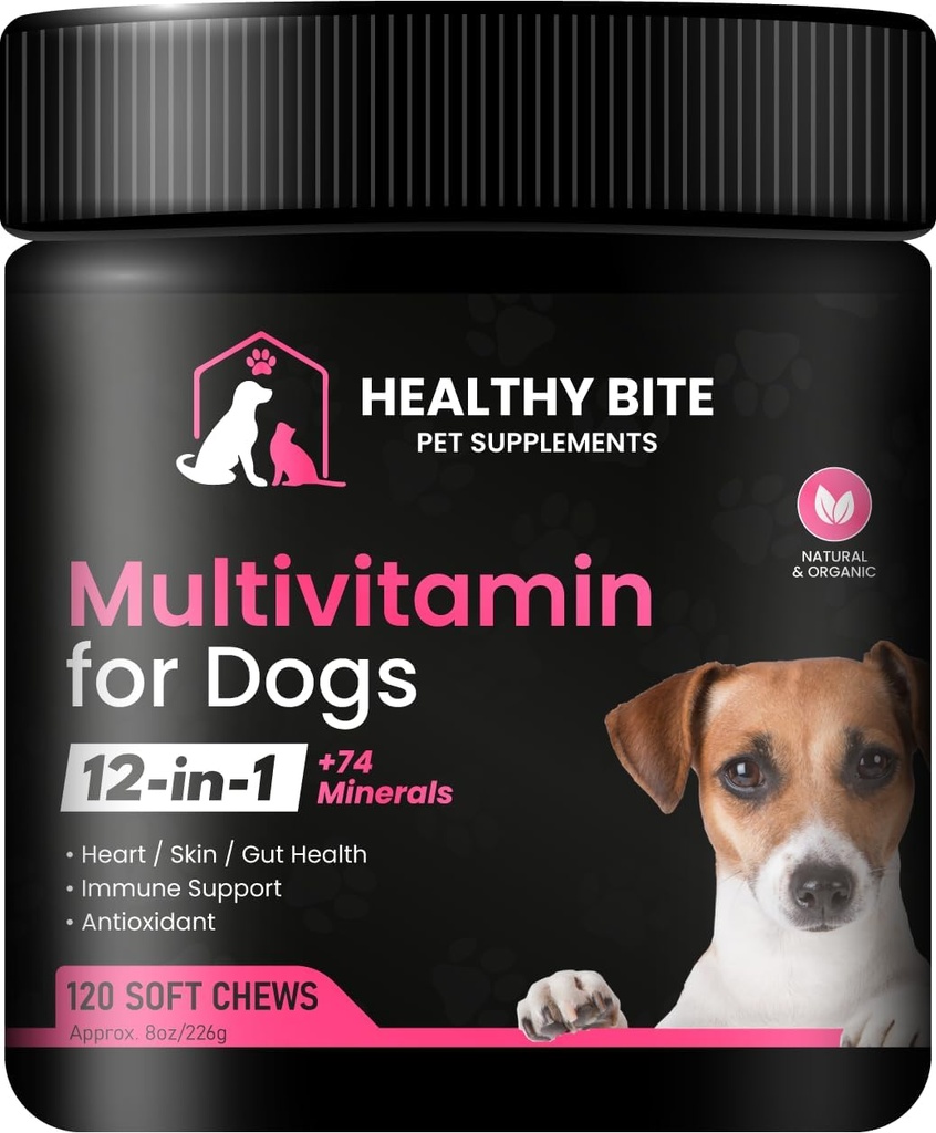 Veselīgs Bite 12 in 1 Multivitamīnu suņiem - ādas un ādas papildinājums, Imūnsupport, Pet Vitamīni, Kalcijs suņiem Ražots ASV - 120 Skaits