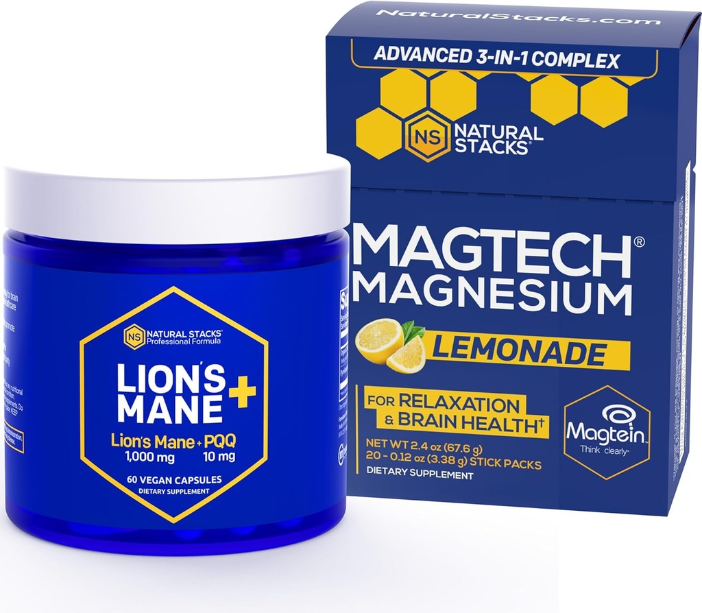 NATURAL STACKS Magtech Magnija citronāde Dzēriens Mix + Lauvas Mane Sēņu Papildinājums Bundle - Atbalsts Relaksācija, Smadzeņu veselība un atmiņa* - 50 Kalpo