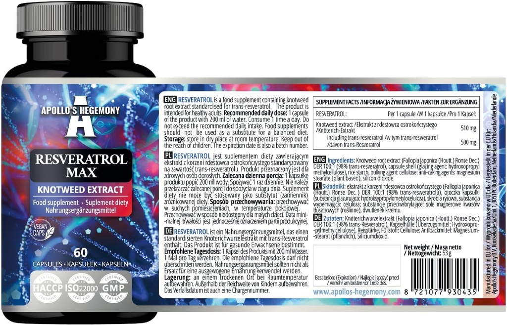 APOLLO'S HEGEMONY Resveratrol Max - 500 mg uz kapsulām - 60 Vegan kapsulas - augsta tīrības pakāpe 98% ekstrakts - atbalsta asinsrites veselību - dabīgs antioksidants - uztura papildinājums