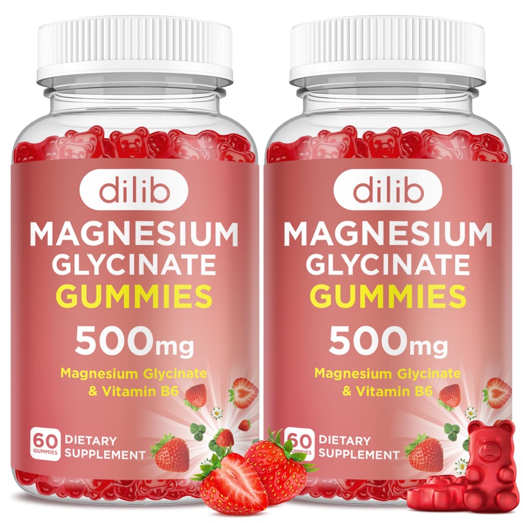 Magnijs Glicerīns Gummies 500mg pieaugušajiem un bērniem Magnija Papildinājums ar vitamīnu B6-dabīgs Calm Gumies-Calm Mood, Muskuļu un miega atbalsts-Zemenes Flavor, 120 Gumijas