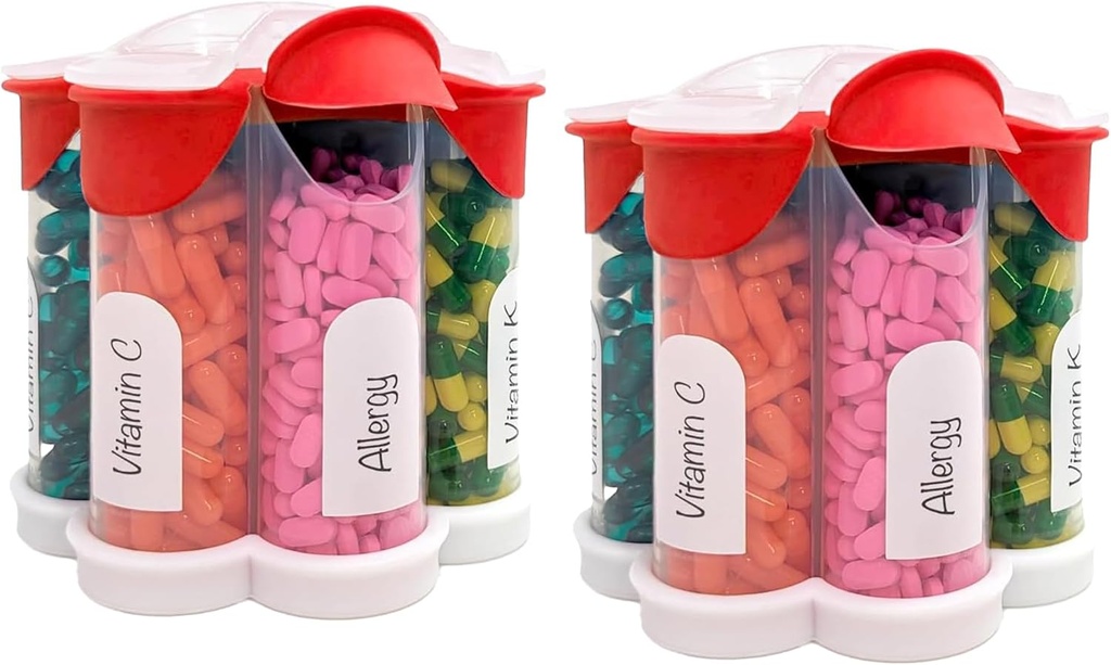 Extra Large Pill organizētājs Ikdienas, Iknedēļas, Mēneša Papildinājums Pudele, Cute Blossom Pill Dispenser ar 7 XL Iedalījumi (2 Pack Combo) (Sarkans 2 Iepakojums)