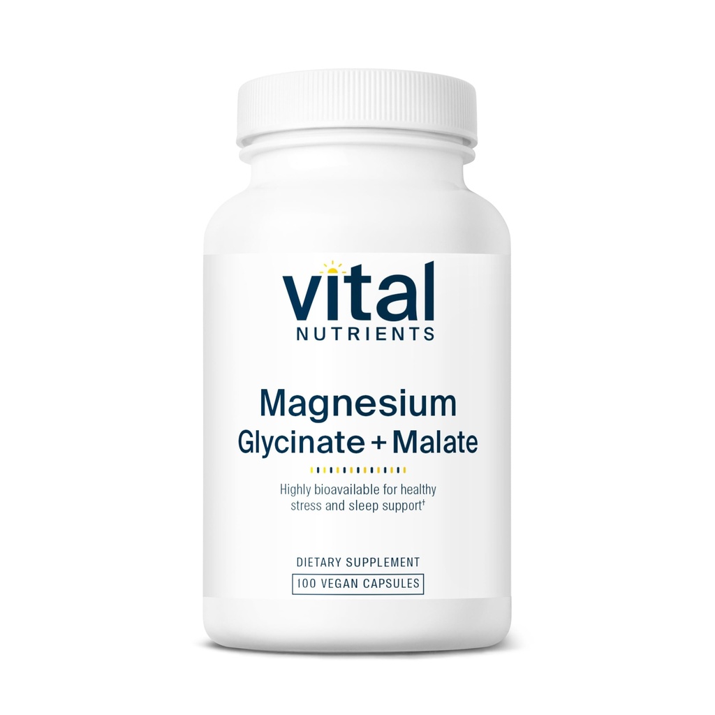 Vitāli Nutrients Magnija glicināts + Malāts 120mg Vegan Magnija Papildinājums sievietēm un vīriešiem -- Muskuļi, Sirds, Kaulu Atbalsts * - Veicināt Relaksāciju -- Gluten, Piens un Sojas bez 100 kapsulas