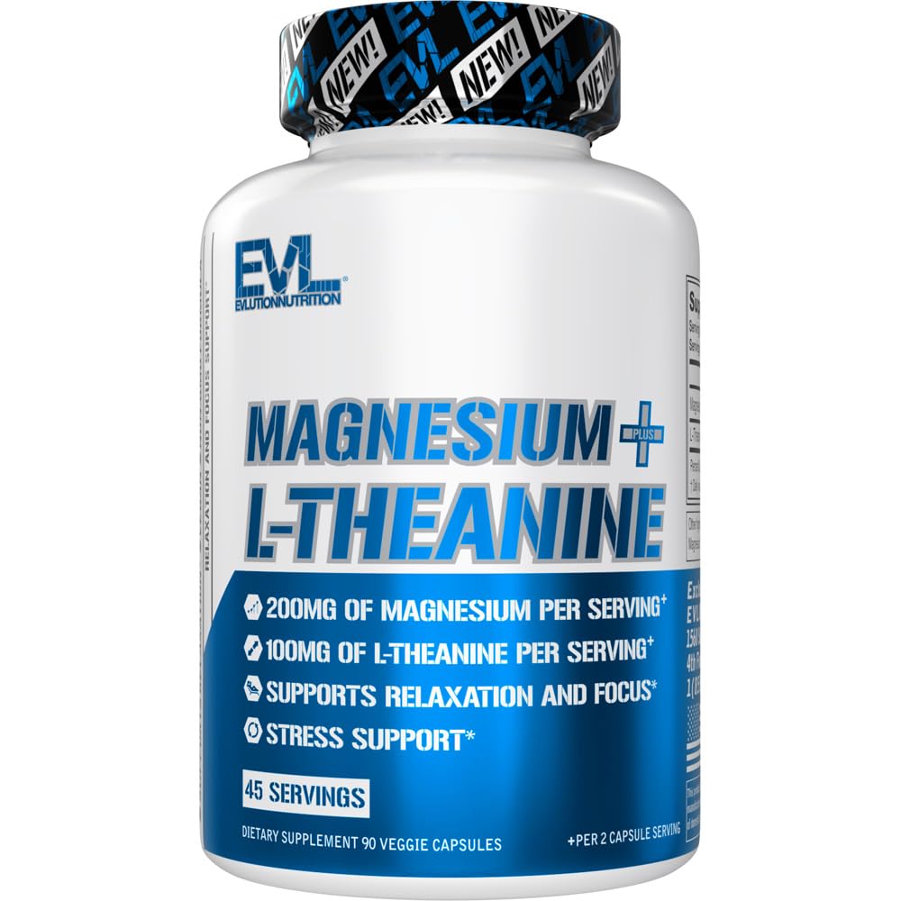 Evlution Nutrition Magnijs + L- teanīns - Dabīgas relaksācijas un fokusa atbalsts - 200mg Magnijs + 100mg L- teanīns - Vegan & Non-GMO - Uztura bagātinātājs - 45 Servējumi - 90 Veggie kapsulas