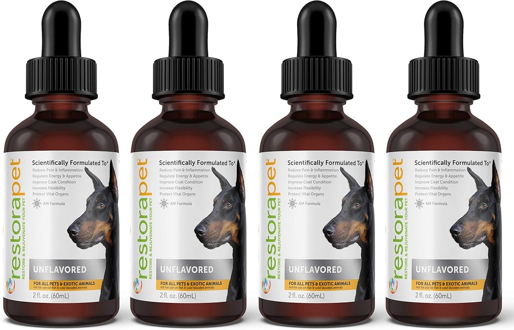 RestoraPet 4-Iepakojums Suņi un kaķi Neuzliesmojošs Šķidrs Multivitamīns -- Suņi Artrīts Sāpes Respirators -Hip&Joint Vitamīni suņiem --Antiinflammatory Papildinājums suņiem un kaķiem --Organic & Non-GMO, Vet Apstiprināts