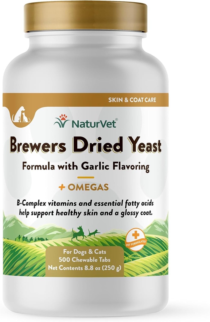 NaturVet alus ir žāvēts rauga pet papildinājums ar ķiploku uzliesmojošs – Ietver B-kompleksa vitamīni, Omega-3, 6, & 9 Taukskābes – Palīdz atbalstīt Glossy Coat, Veselīga āda suņiem, Kaķi 500 Ct.