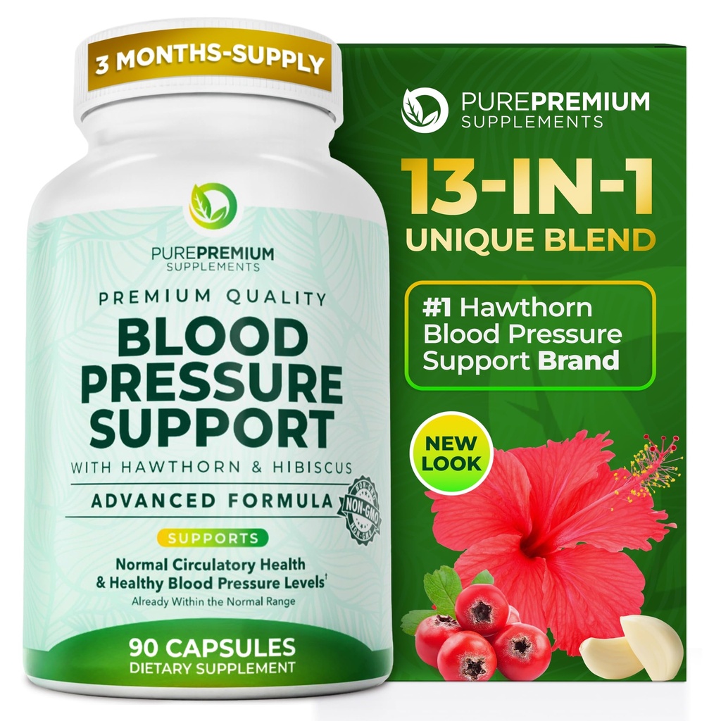 PurePremium Asinsspiediena Papildinājumi ar Hawthorn Berry, Hibiscus, Ķiploki un vitamīns B12-Slāpekļskābe Oksīda Papildinājums normālai sirds veselībai, Cirkulācijas veselība un Asinsspiediena Atbalsts - 90ct