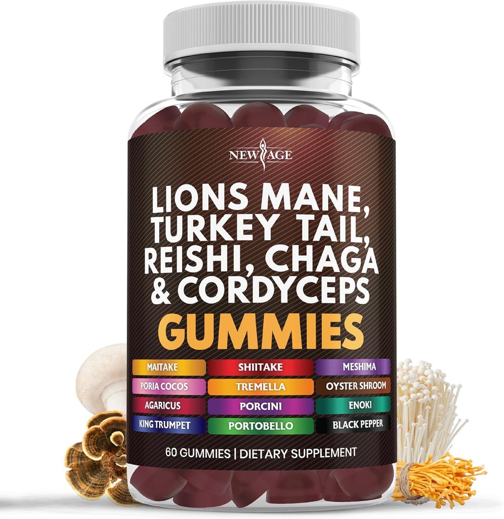 JAUNS AGE Sēņu Lion's Mane Papildinājums Gumijas - Sēņu Papildinājums ar Reiši, Cordyceps - 60 grāfs