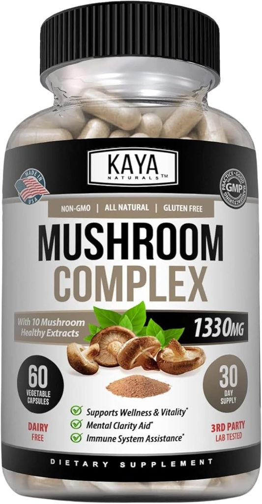 Kaya Naturals Premium Sēņu komplekss Potents - Sēņu komplekss Kapsulas 1330mg Per Servē - AIDS Garīgā skaidrība Atbalsta Imūnsistēmu, labsajūtu un Vitalitāti - 60 Count