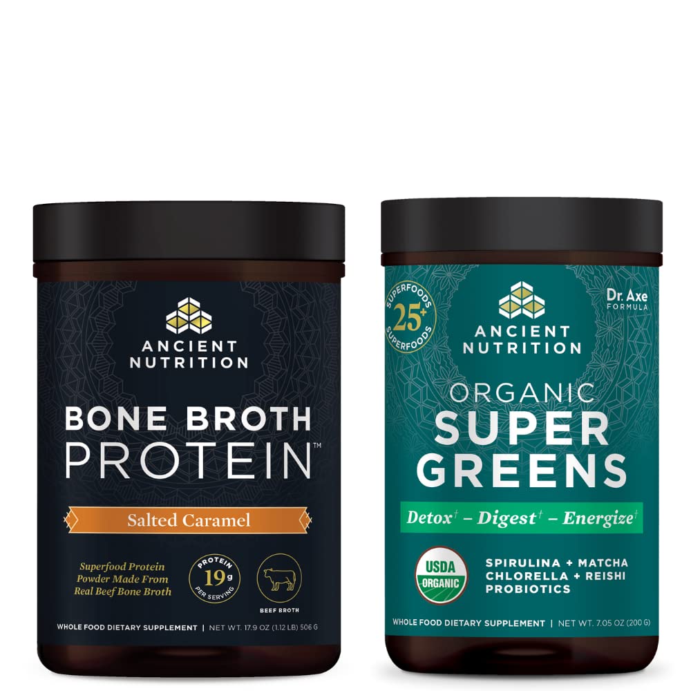 Ancient Nutrition Kaulu Broth Protein Pulveris, Sāls Karamelis, 20 Kalpojumi + Organic Supergreens Pulveris, Zaļie Flavor 25 Kalpojumi