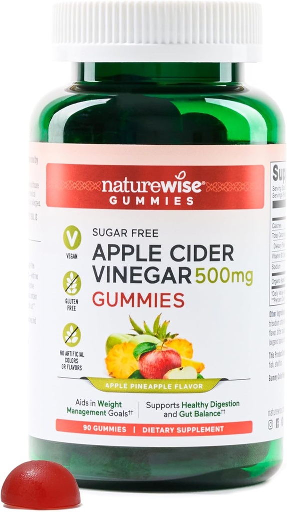 NatureWise Apple Sidra Etiķis ACV Gumijas - 1000mg ACV uz 2, Bezcukura, Vegan - Enerģētika un Gumijas veselība - ACV Gumijas W/Vitamin B12-90 Gumijas[1,5-Mēness Piedāvājums 1000mg / 3 mēnešu Piedāvājums 500mg]