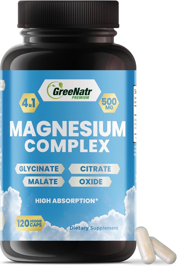 GreeNatr Magnija kompleksa papildinājums - Magnija piedevas ar glicinātu, citrāts, malāts un oksīds - Magnija tabletes gremošanas, miega, sirds veselības, & enerģija - magnija vitamīni 120 Skaitļi