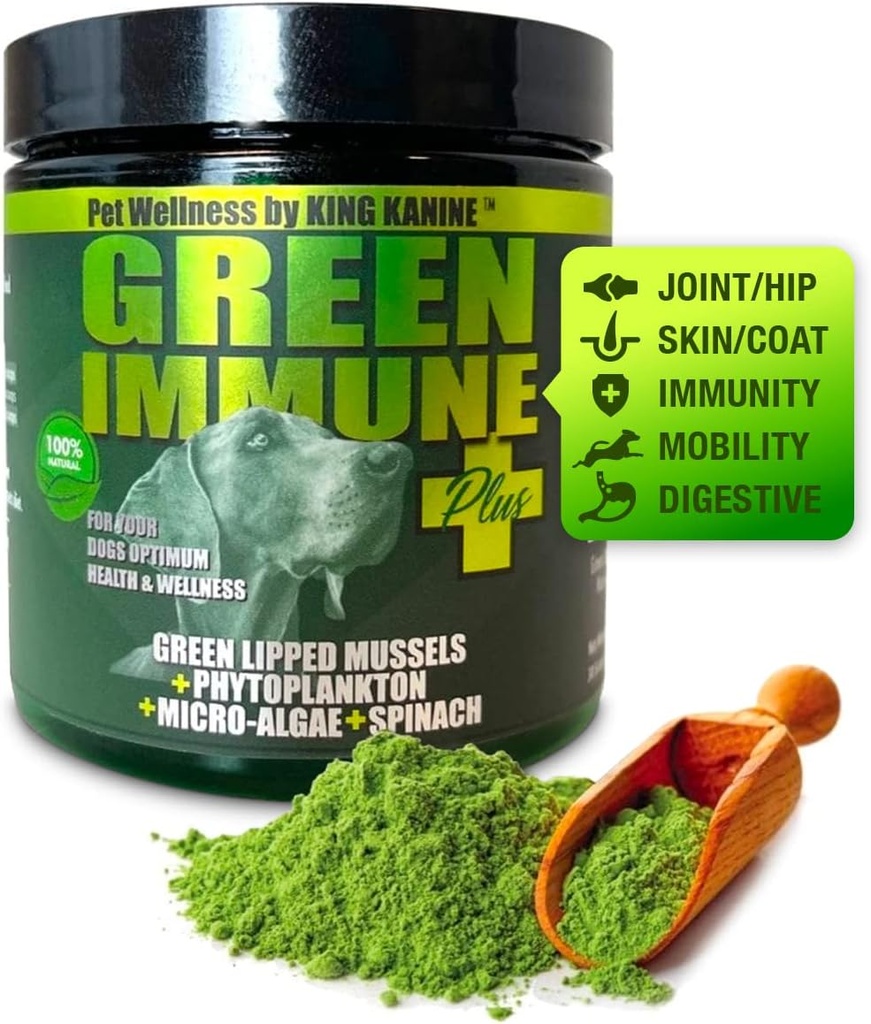 King Kanine Green Inmune Plus Multivitamīnu un Minerāls 6 oz -- Organisks Pulveris, lai uzlabotu Pievienoties Mobilitāte un Alerģija Relief -- Iekaisuma Papildinājums suņiem Aprūpe -- Veterinārārsts Apstiprināts