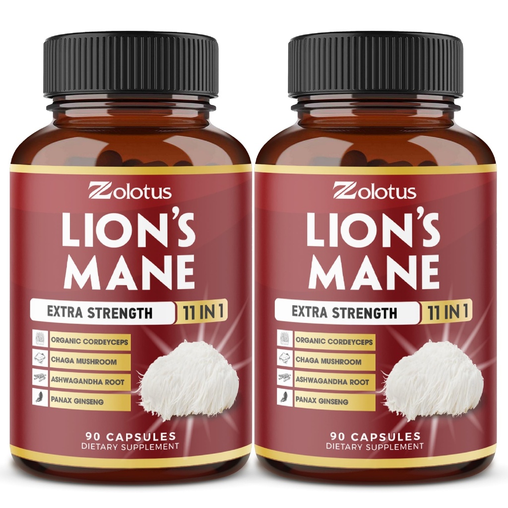 Zolotus 2 Iepakojumi 90 Kapsulas Lauvas Manē Sēņu Papildinājums, 6 mēnešu Piedāvājums ar Cordeyceps, Reishi, Ashwagandha, Focus, Atmiņas un smadzeņu atbalsta papildinājums, Imūnais atbalsts, Enerģijas tabletes