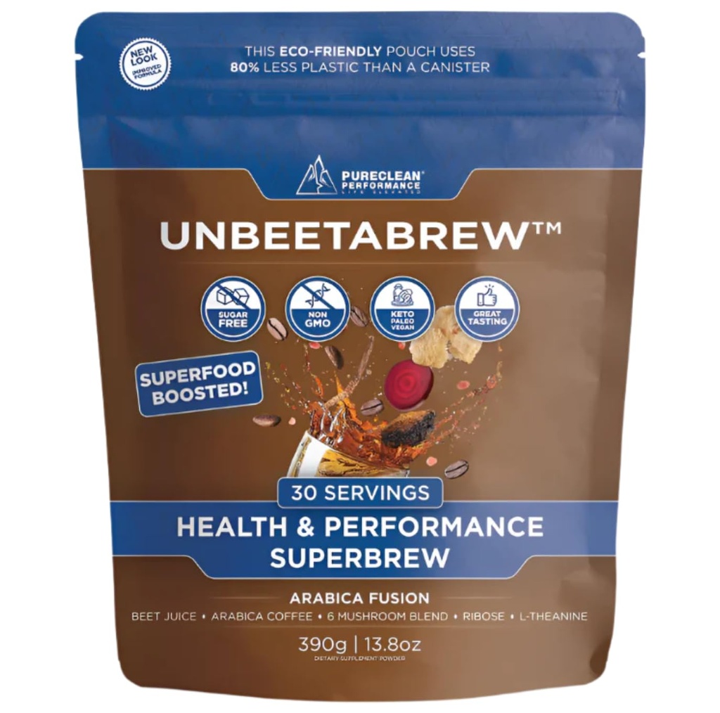 UNBEETABREW Organic Beetroot & Sēnes Kafija – Augu bāzes, Enerģija ar biešu sulu, adaptogēniem, L-Teanīns & D-Riboze – Focus, Strength & Stamina – ASV Ražots ar Organic Arabica pupiņas - 30 Servējumi