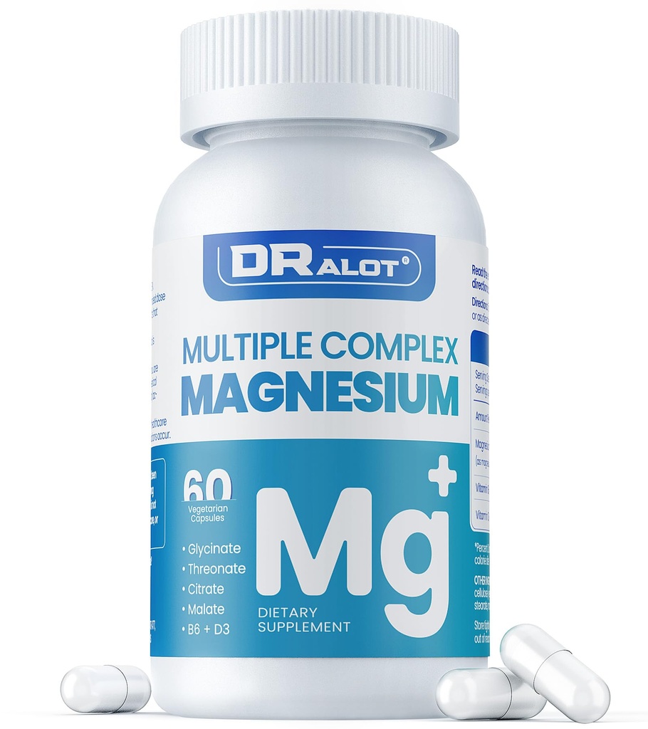 Četršķautņu magnija papildinājums, 400 mg helāta magnija glicināts, L-treonāts, citrāts un malāts; Max Absorbcijas komplekss w/Vitamīns D3 & B6, miega sirds muskuļu nerviem, ne-GMO, 60 Vegan Caps