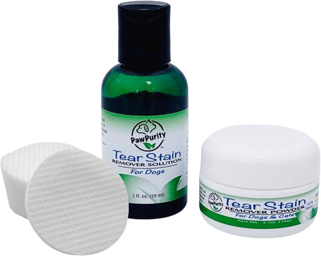 PawPurity Tear Stain Removalr Starta komplekts suņiem , Ietver Tear Stain Remomer Solution 2 oz, Powder.5oz un 30 Application Pads , 100% Dabīgs , Izņemšana aizņem aptuveni 7-10 dienas (30-45 dienu piegādes)