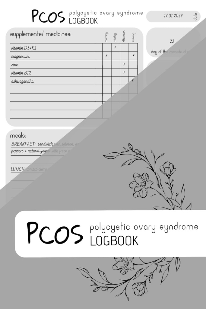 PCOS LOGBOOK: Papildinājumi Tracker, Maltītes Plānotājs, Perioda Tracker, 150 Pages, 6x9 in, Minimalist Design