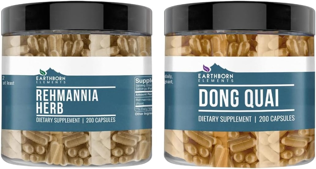Earthborn Elements Rehmania Herb un Dong Quai Bundle, 200 kapsulas, katra, tīra un neatšķaidīta, bez piedevām