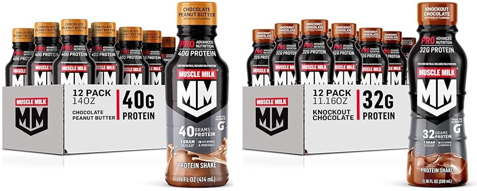 Muskuļu piens Pro Sērija Šokolāde Zemesriekstu sviesta proteīns Shake 40g Olbaltumvielas Pack of 12 & Pro Advanced Nutrition Knockout Chocolate Protein Shake 32g Protein Pack of 12