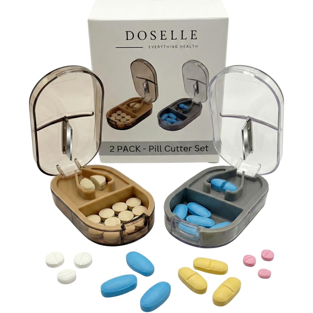 2PCS - Pill Cutter Splitter ar Mini Pill Box – Pill Cutters maziem vai lieliem Pill Professional – 4 Way Pill Splitter 1/4 - Pill Splitter ar Centering Device – Gray & Brown