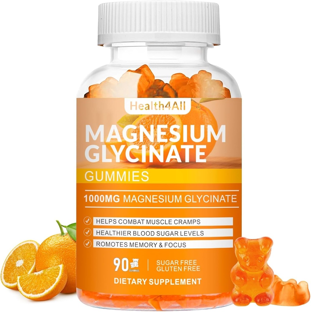 Magnijs Glicināt Gumies 1000mg, Augsta Absorbcija Bez Cukura Magnija Kālija Papildinājums Relaksācija, Stress Relief, un Miega Atbalsts pieaugušajiem un bērniem - 90 Orange Gumies