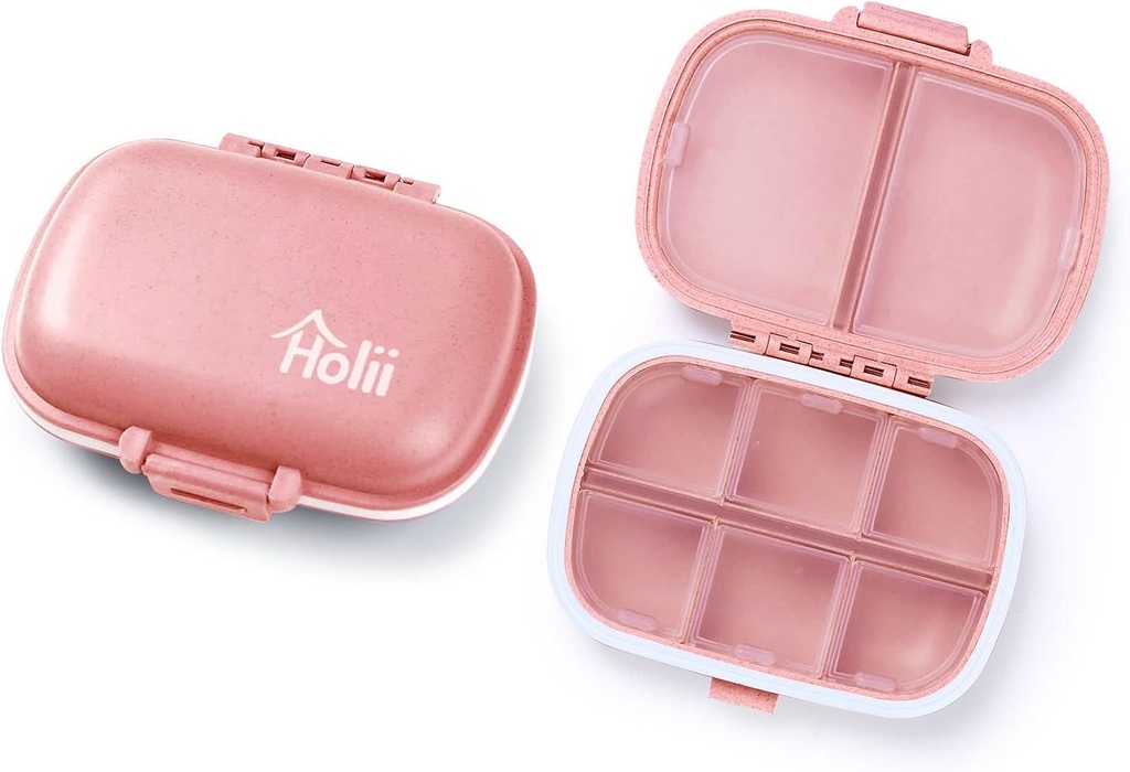 Holii 2PS 8 Iedalījumi Travel Pill organizētājs, Pocket Pharmacy Purse Daily Pill Box Portable Medicine Organizators Vitamīna turētājs Konteiners (gaiši rozā)