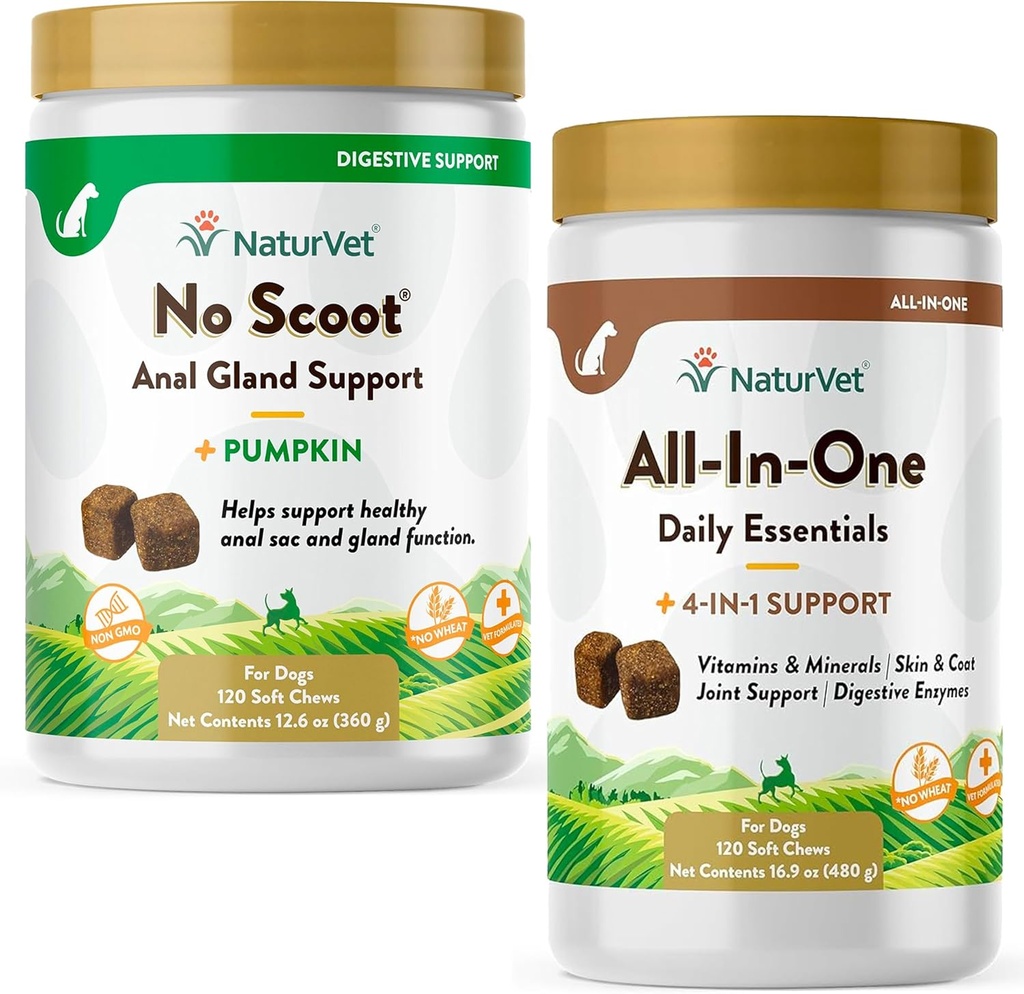 NaturVet All-in-One Suņu Papildinājums - locītavu atbalstam, gremošanas, ādas, apvalku aprūpei – 120 Soft Chews & No Scoot suņiem - 120 Soft Chews - Atbalsta veselīgu Anal Gland & Bowel funkcijas