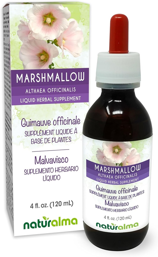 Naturalma Marshmallow (Althaea officinalis) Sakne Alkohola beztinktūra - 4 fl oz Šķidrais ekstrakts pilienos - Augu Papildinājums - Vegan
