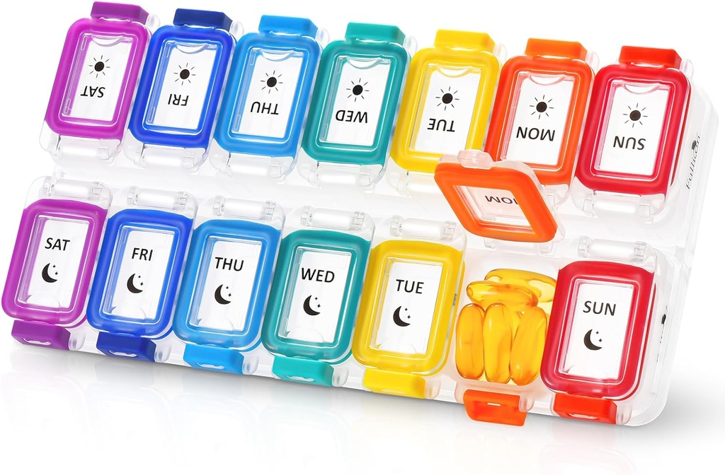 Fulikona mitruma pierādījums Pill organizētājs 2 reizes dienā, liels Pill kaste 7 diena, izpilēšanas pierādījums Pill kaste, Travel Pill konteiners, zāles Pill organizētājs ar drošu Lids, Daily Pill organizētājs (Rainbow Clear)