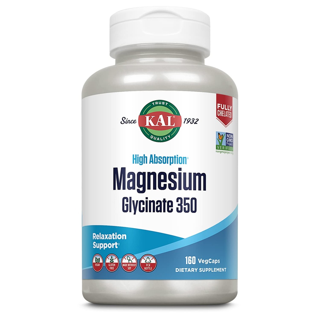 KAL magnija glikolāta kapsulas, pilnībā helātizētas magnija bisglicināts, augstas absorbcijas magnija papildinājums, veselīgi kauli, muskuļi, relaksācija un stresa atbalsts, ne-GMO 160 skaits